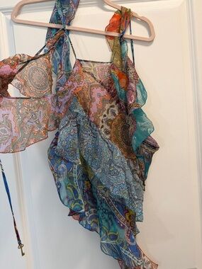 Zara Sheer Paisley Ruffle Camisole in Blue, Teal, Pink, Orange